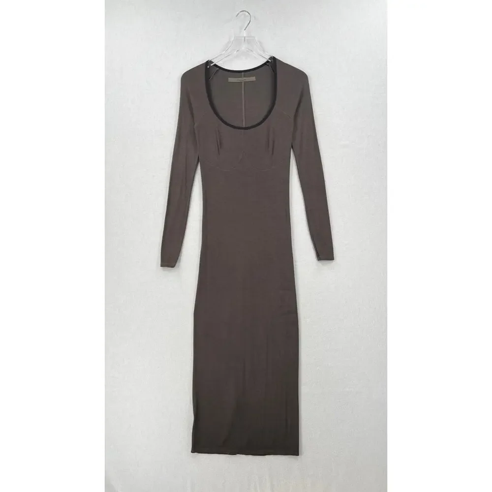 ENZA COSTA Silk Rib Long Sleeve Scoop Dress Women Medium Gray Black Maxi Stretch - Picture 2 of 14